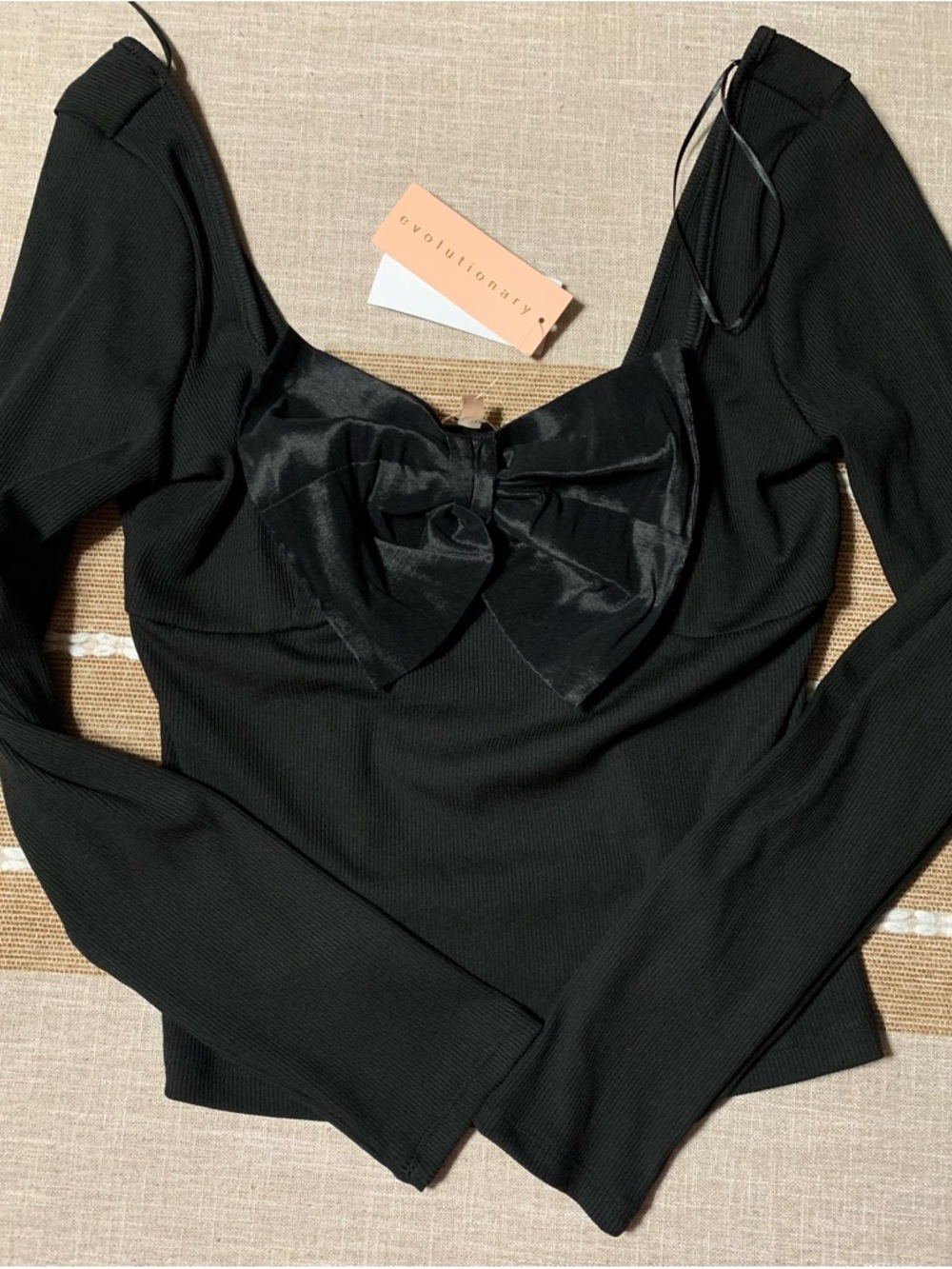 Evolutionary Black Long-Sleeve Bow-Front Crop Top